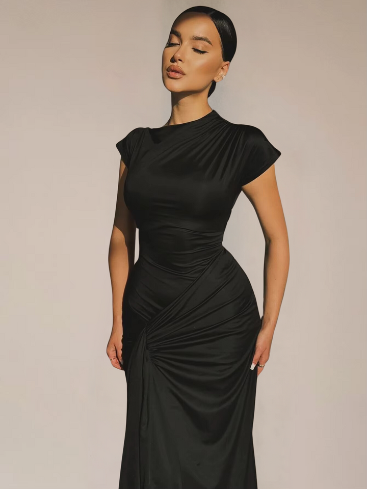 Maxi Dress – Asymmetric Neckline, Lace-Up Back Slim Fit for Women
