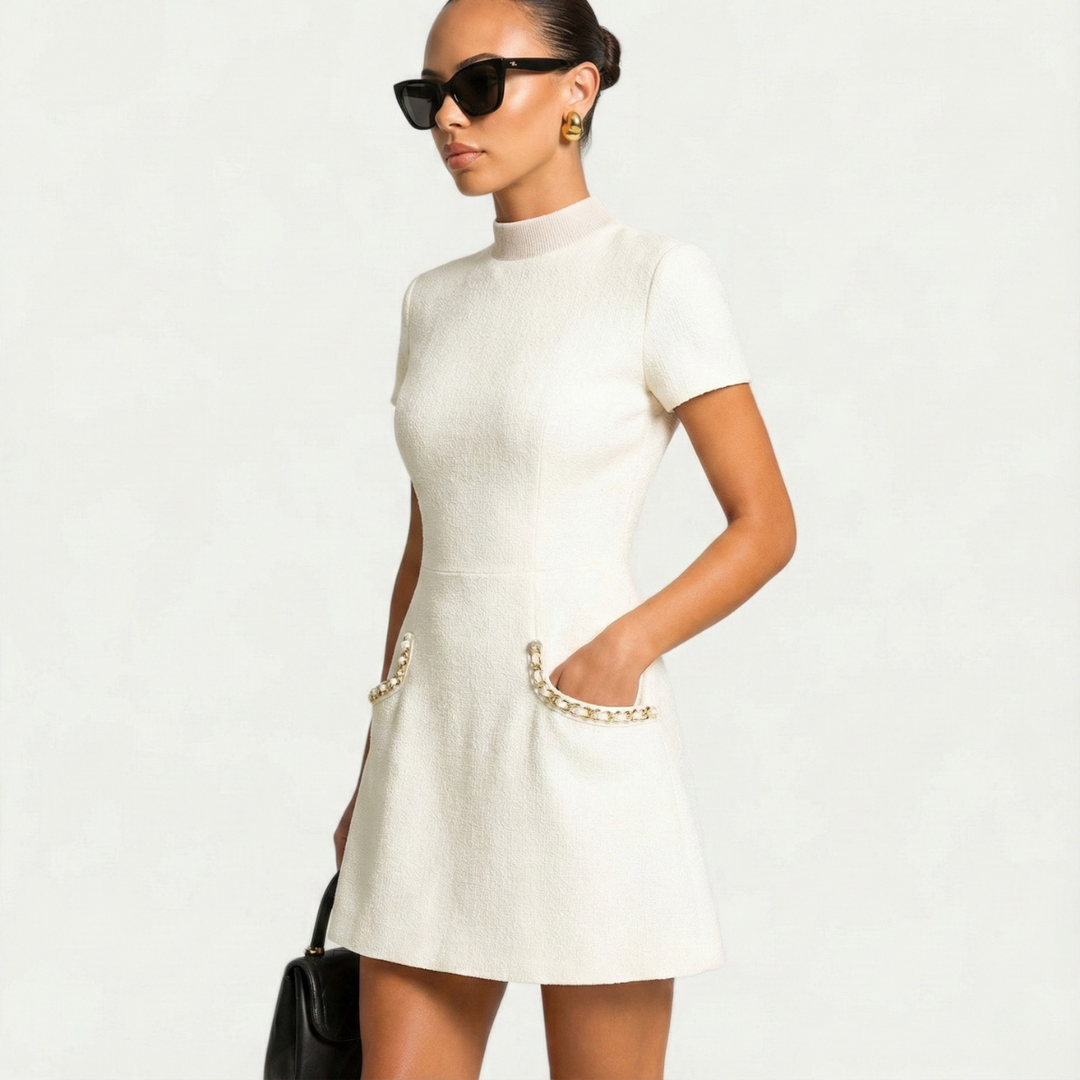 Women's Pearl Trim Mini Dress Short Sleeve – Tailored Pockets