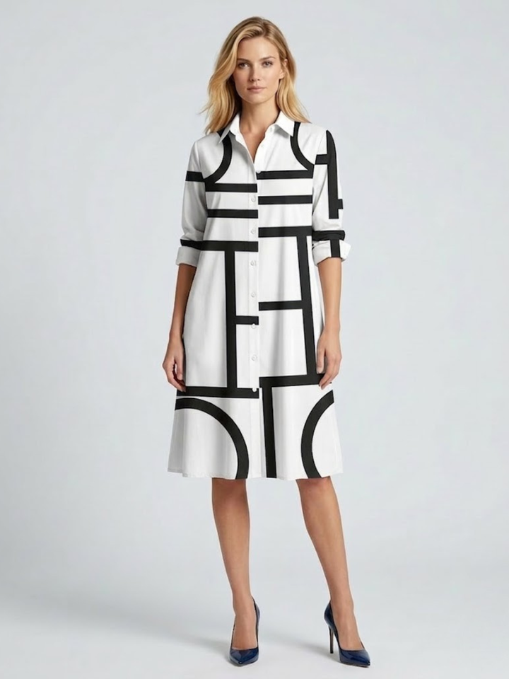 Shirt Midi Dress – Geometric Print A-Line Button-Through