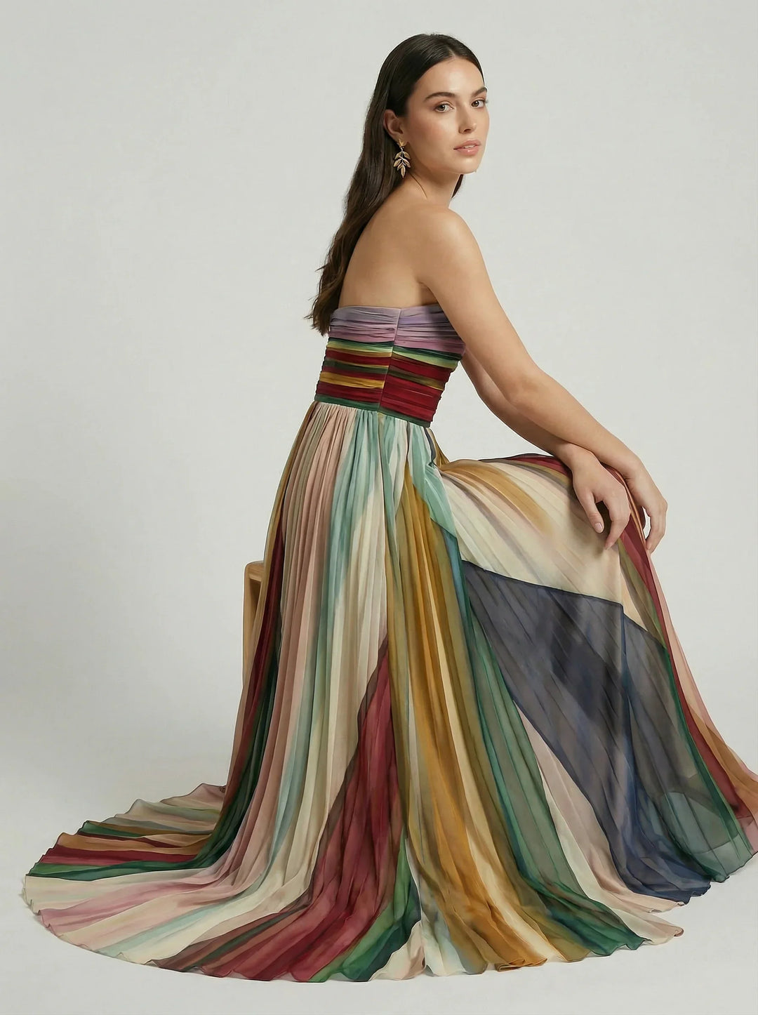 Women's Strapless Maxi Dress Bandeau Bodice – Pleated Full Length