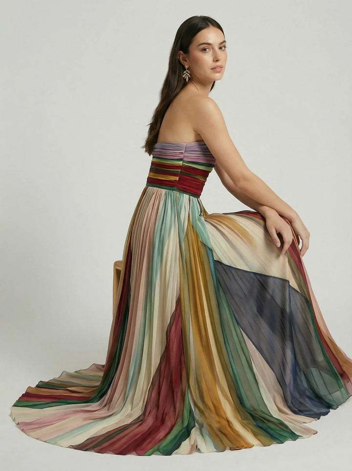 Women's Strapless Maxi Dress Bandeau Bodice – Pleated Full Length