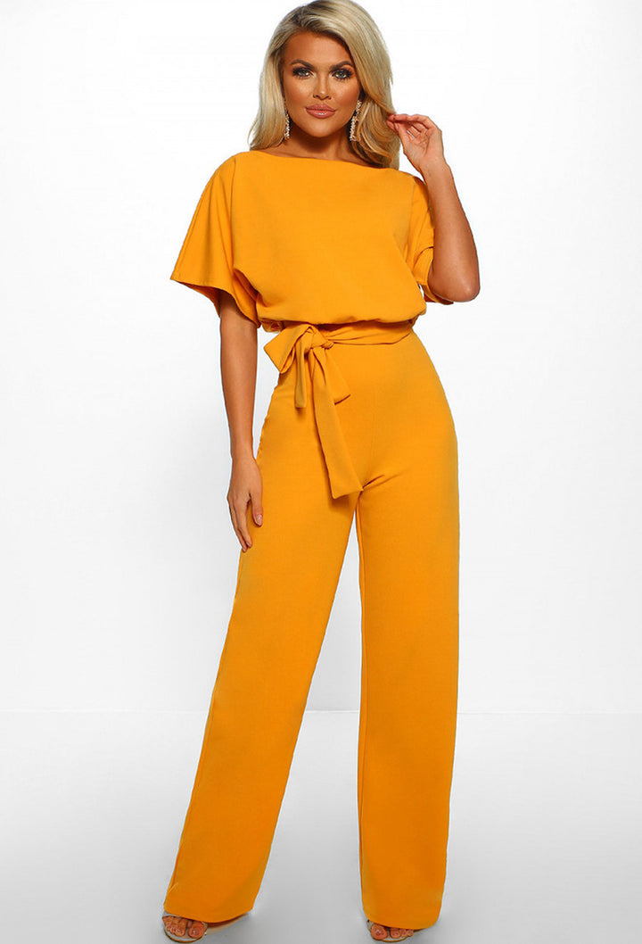 Women's High Waist Wide Leg Jumpsuit – Lace-Up Boat Neck Flutter Sleeve