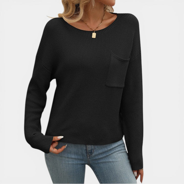 Women's Knit Sweater – Ribbed Knit Crew Neck Relaxed Fit Chest Pocket