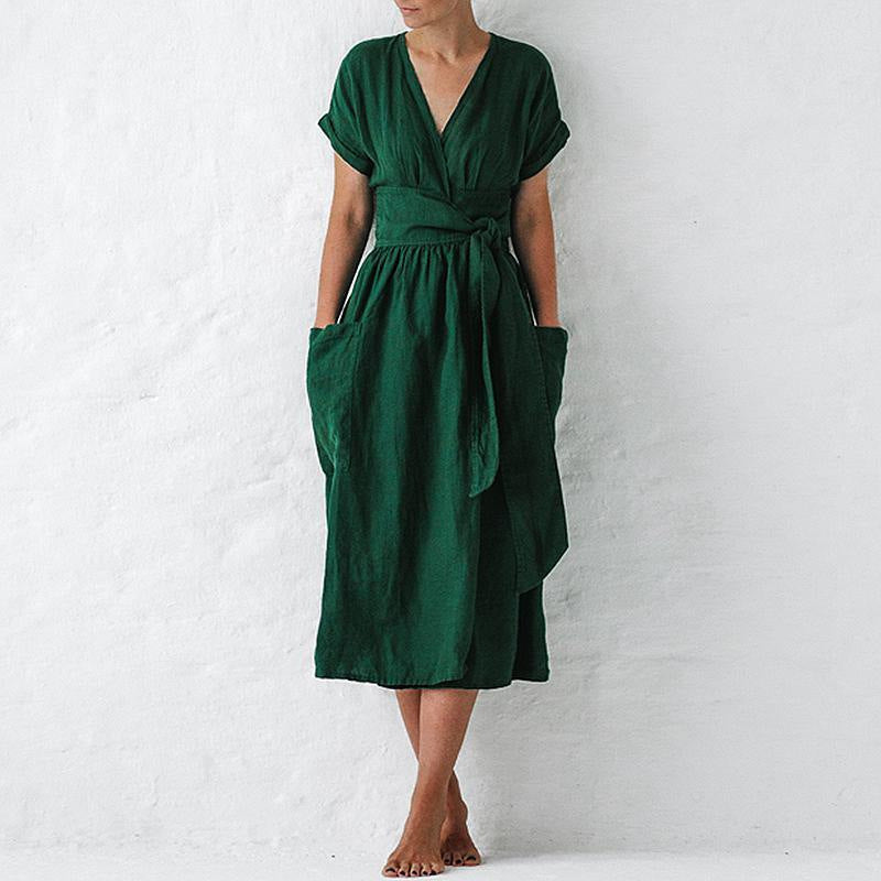 Midi Dress – V-Neck, Pleated Waist & Pockets