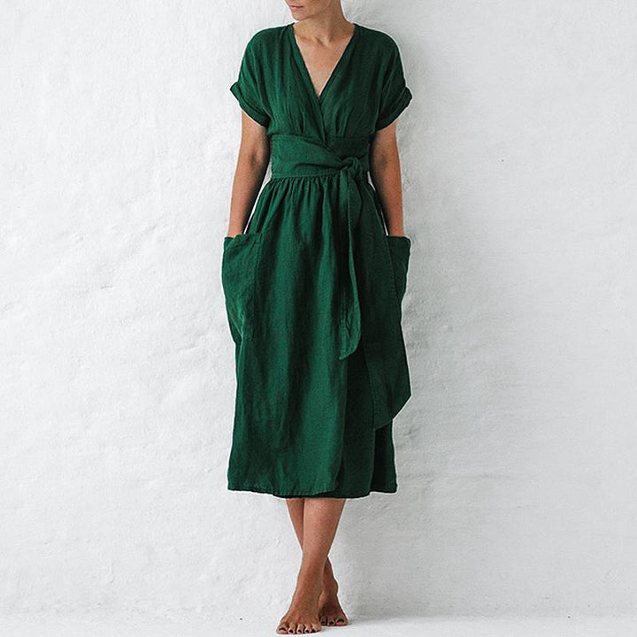 Midi Dress – V-Neck, Pleated Waist & Pockets