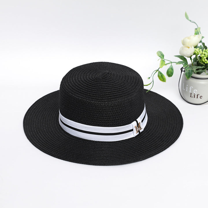 Flat Top Straw Hat – Rhinestone Wide Brim Sun Hat Women