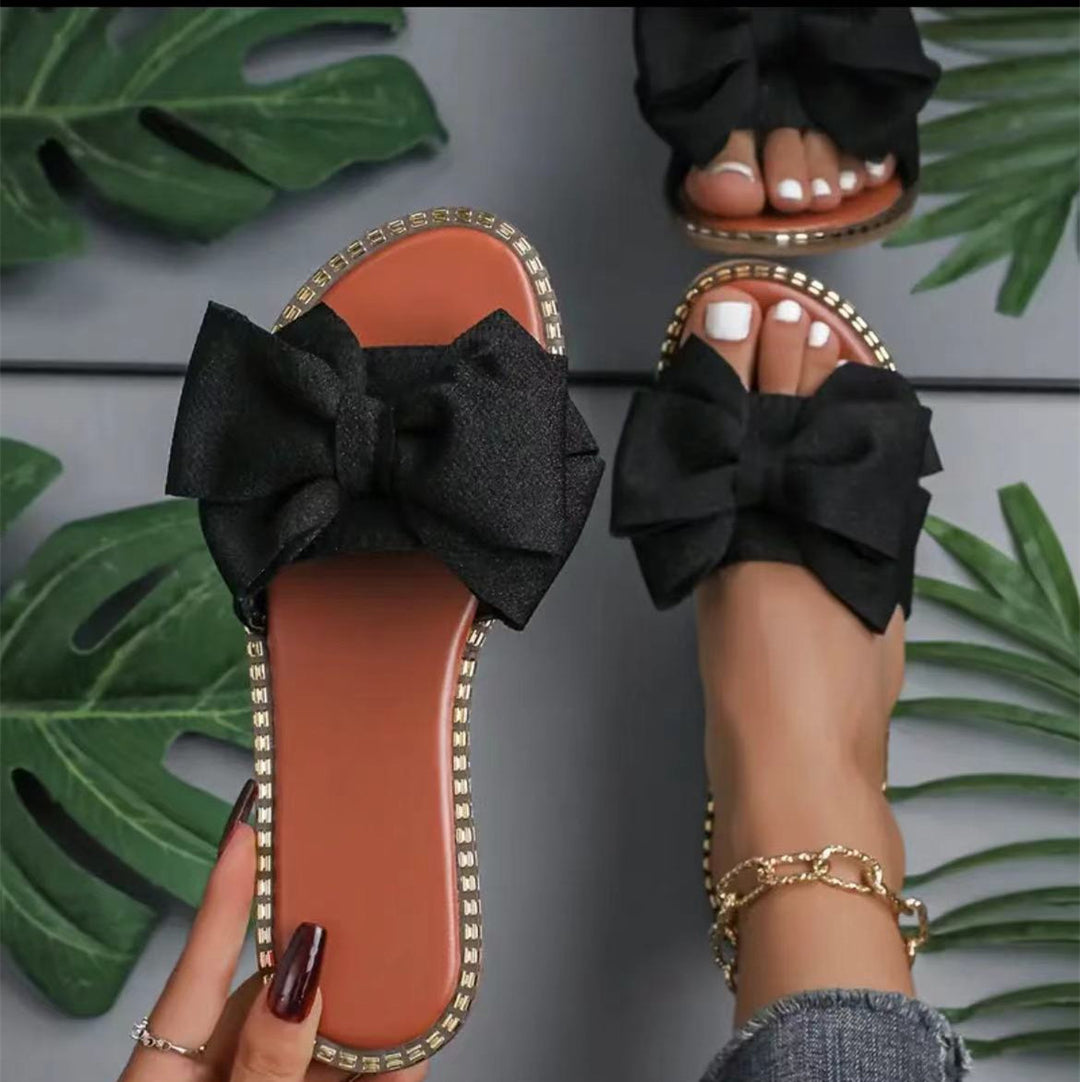 Women's Flat Sandals Slip-On Mules Decorative Bow – Non-Slip Vegan Leather