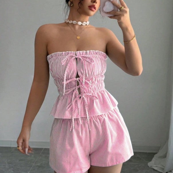 Women's Ruffle Top High-Waist Shorts Set – Breathable Summer Co-Ord