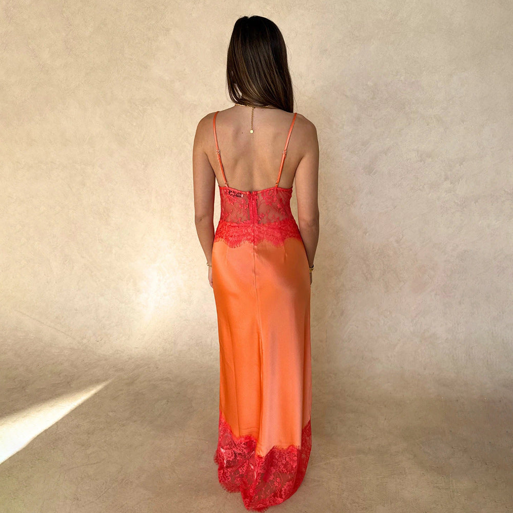 Women's Satin Two-Piece Set – Lace Crop Top & Maxi Skirt