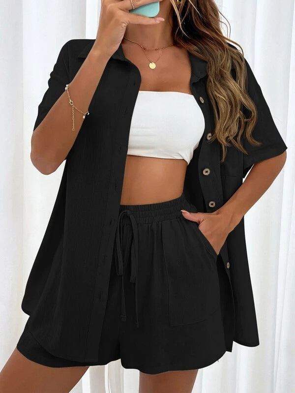 Women's Cotton Linen-Look Two-Piece Set – Button Shirt Shorts Summer