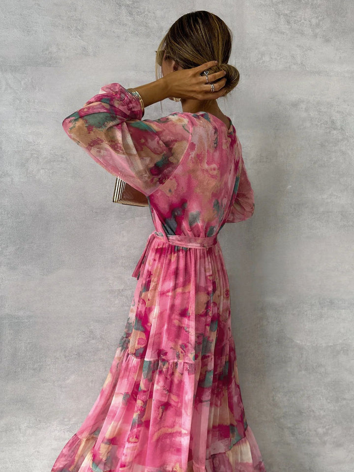 Women's Abstract Floral Wrap Maxi Dress – Tiered Long Sleeve