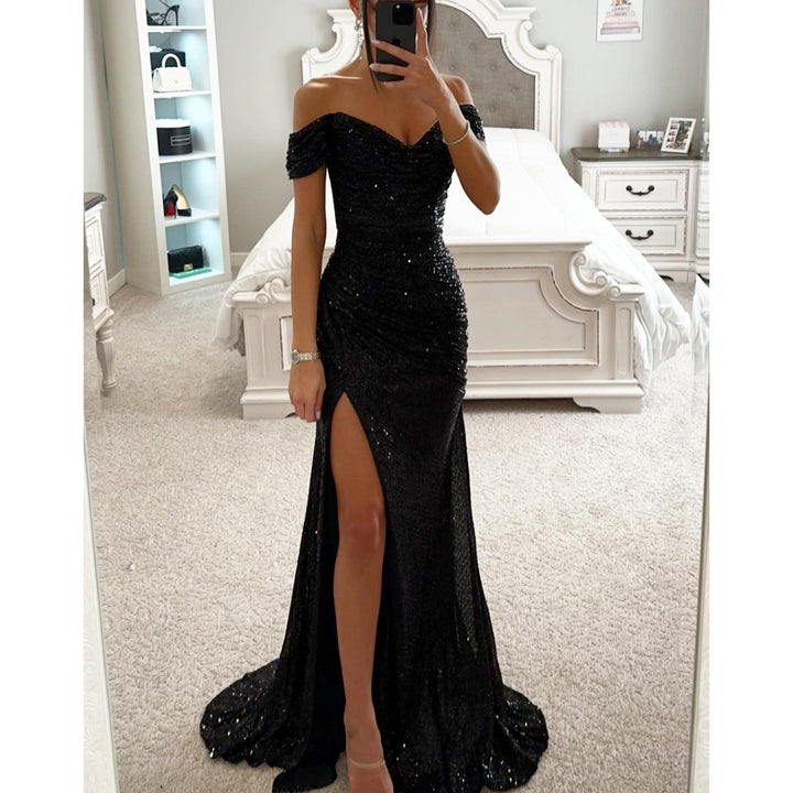 Sequin Maxi Dress – Off-Shoulder High Slit Gala Gown