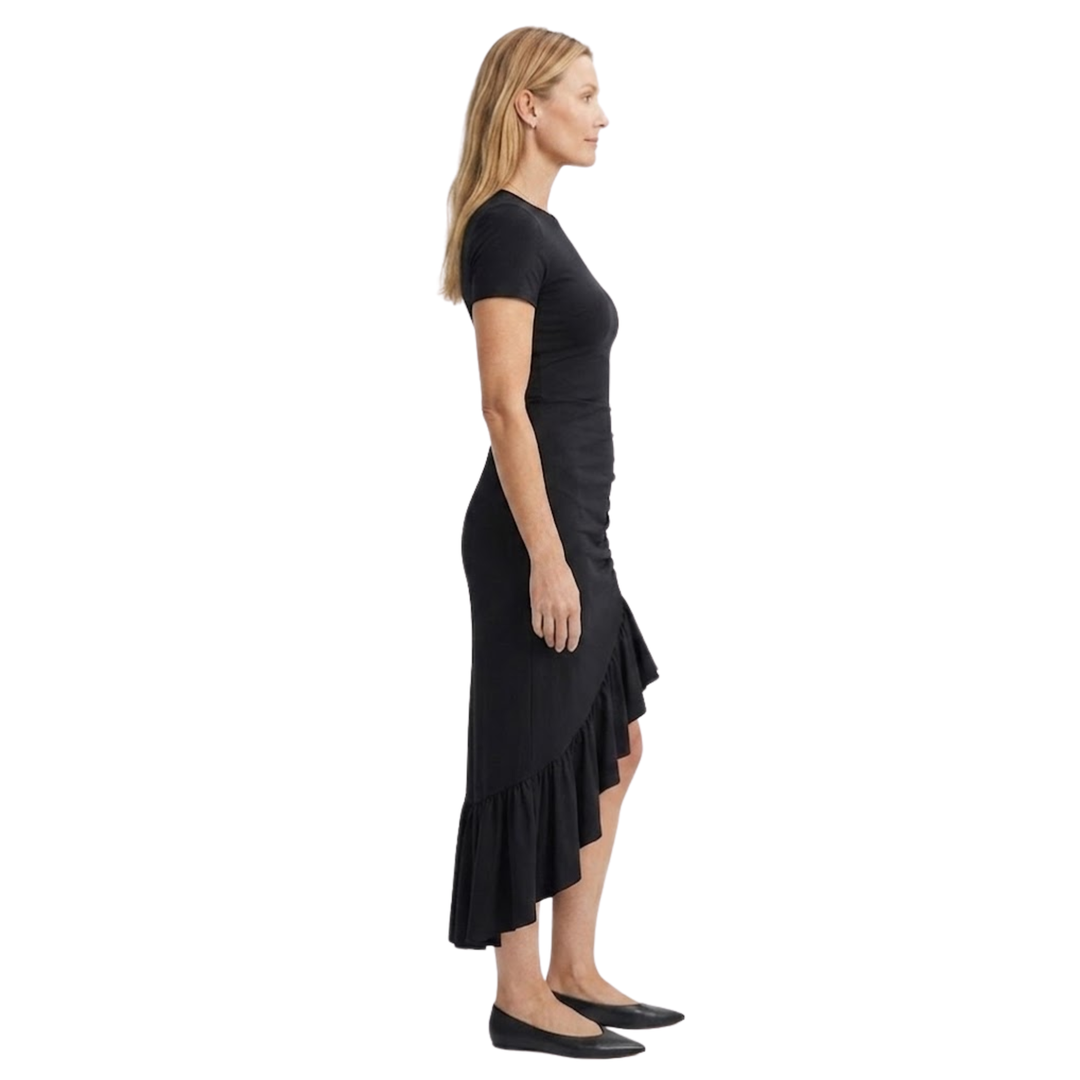 High-Low Maxi Dress – Ruched Side & Asymmetric Ruffle Trim