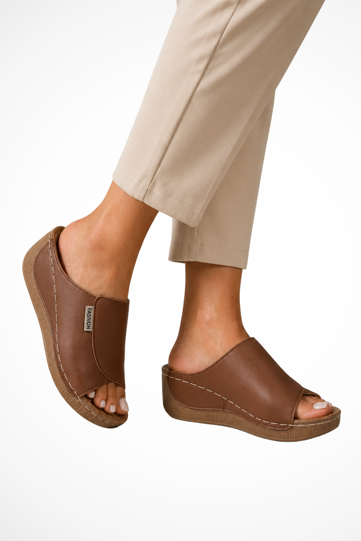 Women's Leather Wedge Mules – Open Toe Slip-On Design
