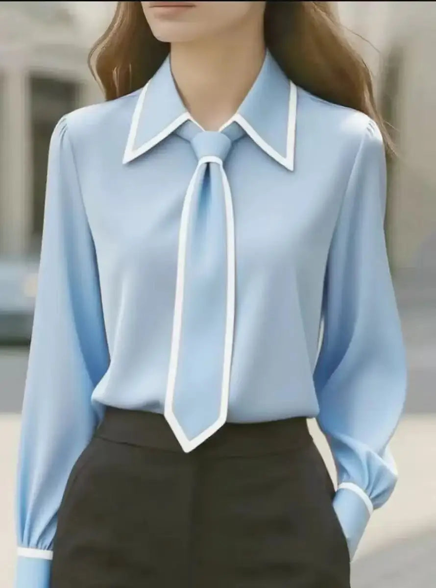 Tie Neck Blouse – Women's Contrast Trim Long Sleeve Top