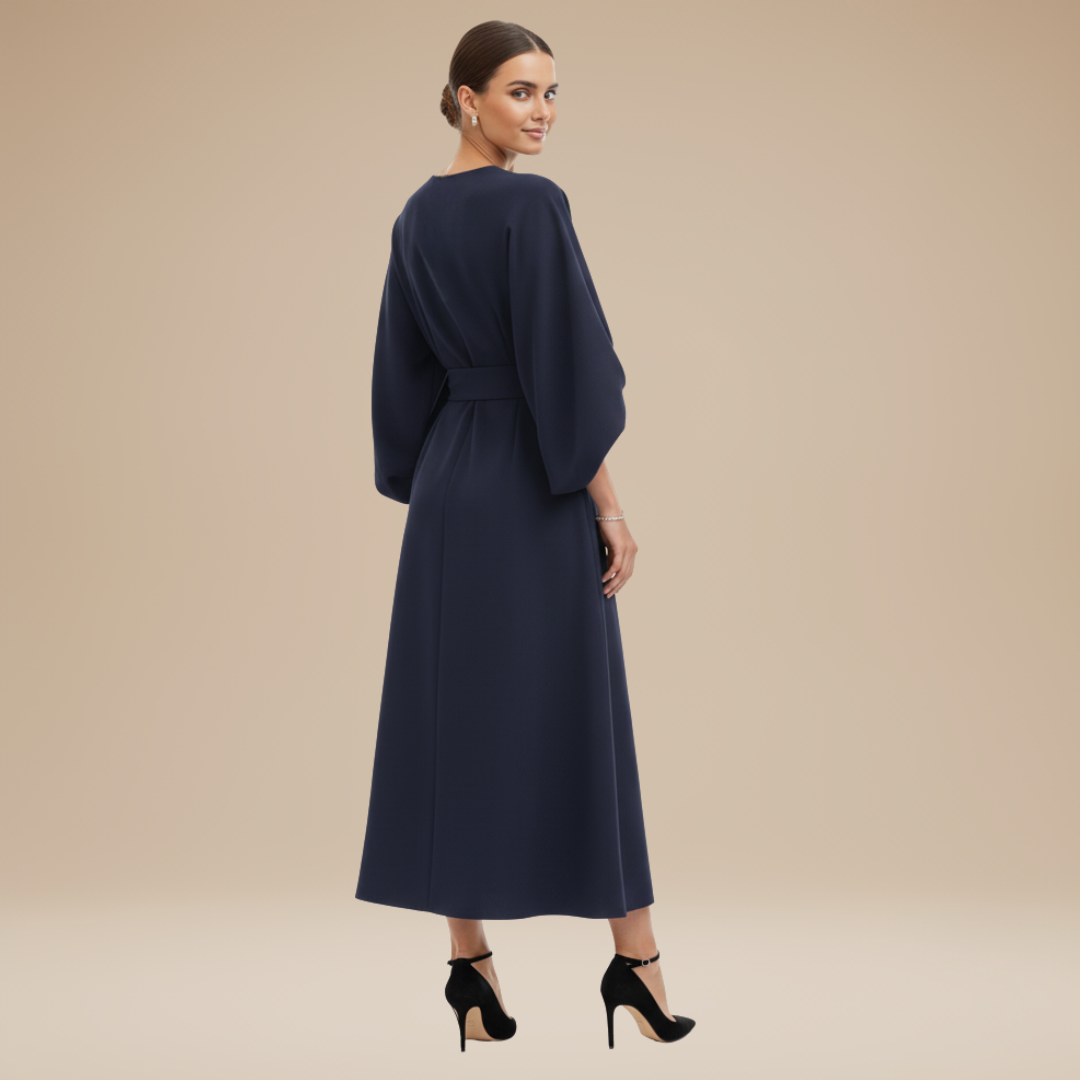 Women's Belted Wrap Midi Dress – Wide Flowing Sleeves Draped Waist