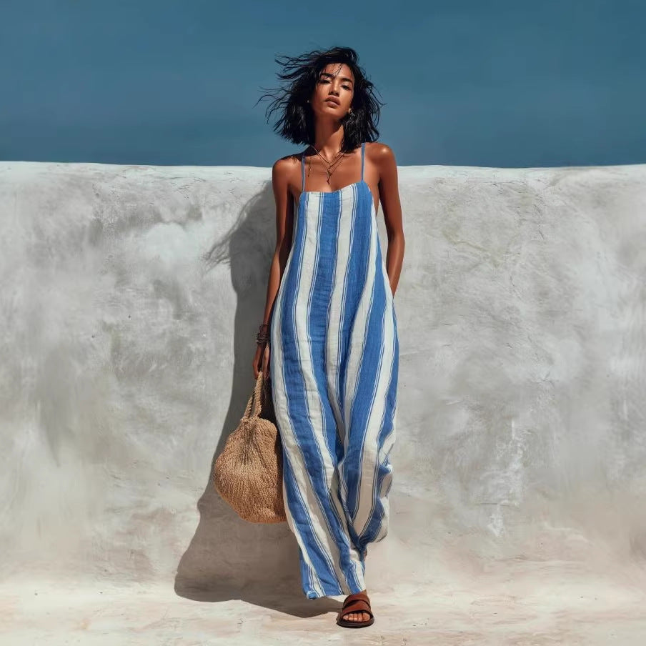 Women's Striped Halter Wide Leg Jumpsuit – Sleeveless High Waist