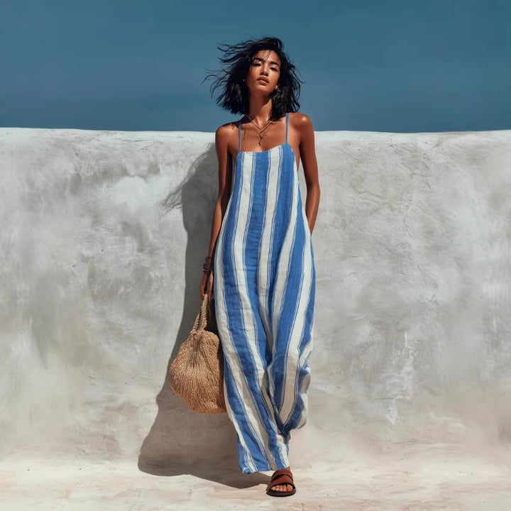 Women's Striped Halter Wide Leg Jumpsuit – Sleeveless High Waist
