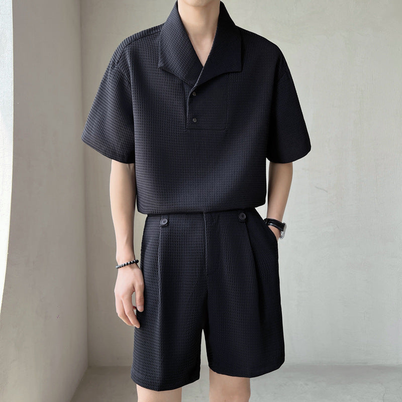 Men's Shirt and Shorts Matching Set – Waffle Knit Notched Collar