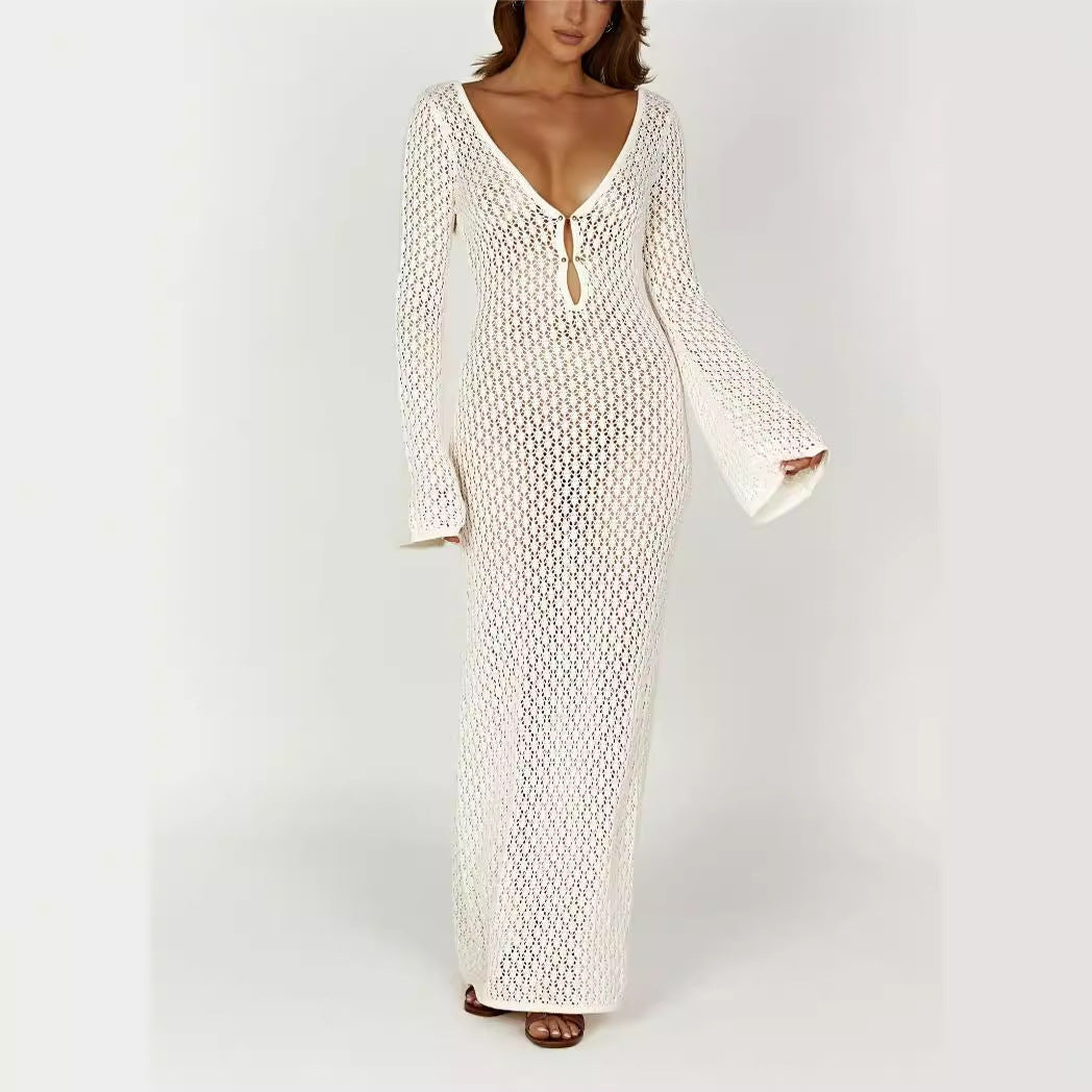 Crochet Maxi Dress – V-Neck, Bell Sleeve & Keyhole Boho Style