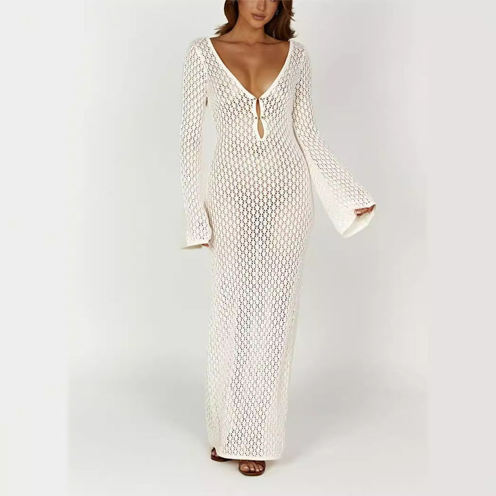 Crochet Maxi Dress – V-Neck, Bell Sleeve & Keyhole Boho Style