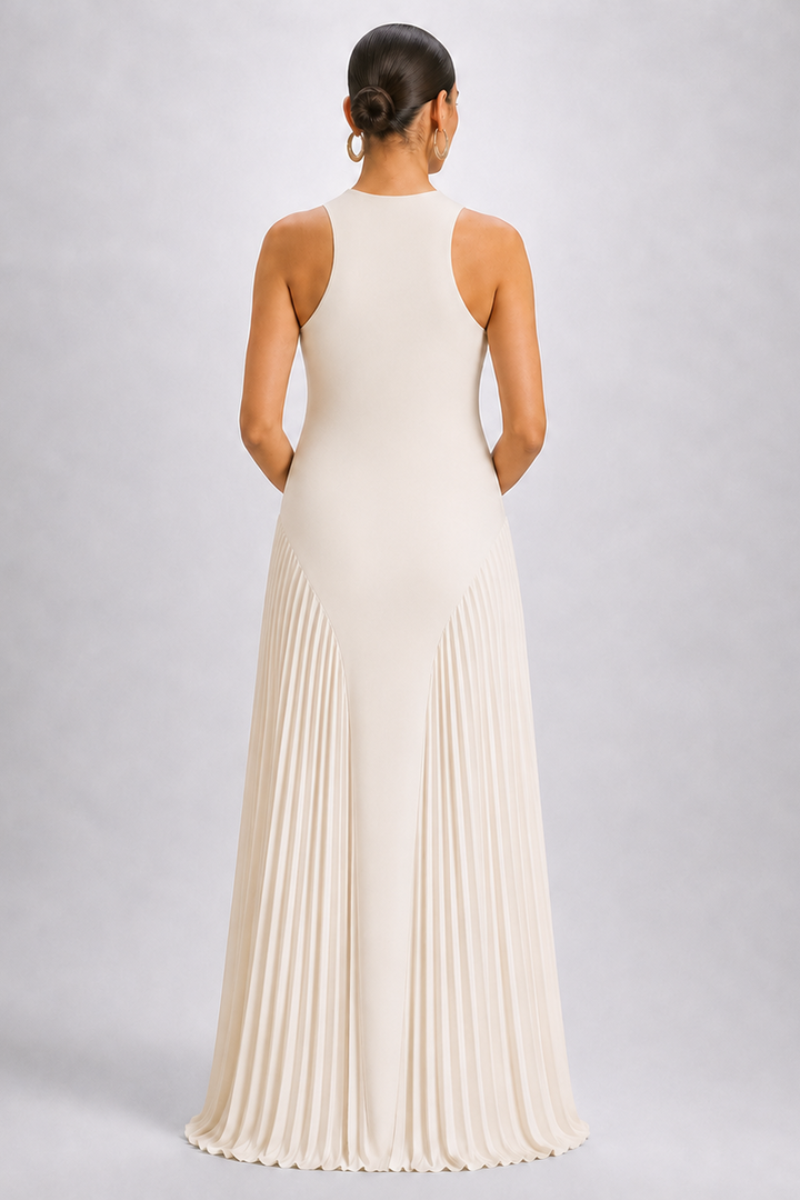 Maternity Maxi Dress – Sleeveless Pleated Knit Baby Shower