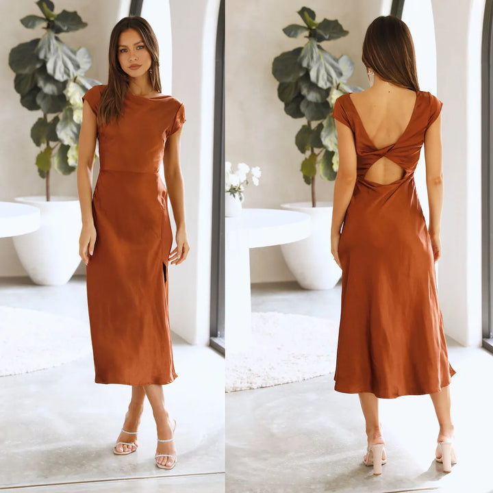 Women's Cap Sleeve Midi Dress – Boat Neck Twist-Back Cutout