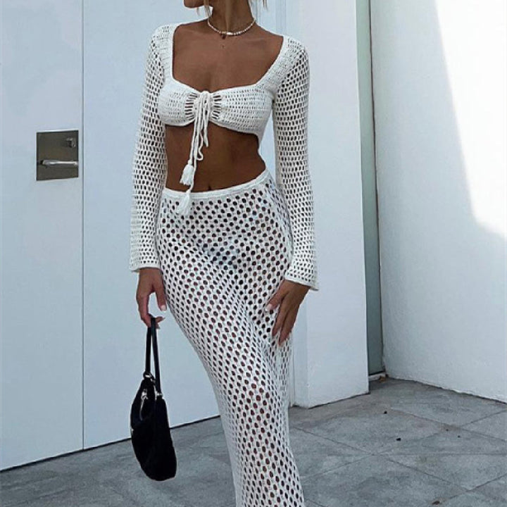 Crochet Knit Two-Piece Beach Set – Hollow-Out Crop Top & Skirt