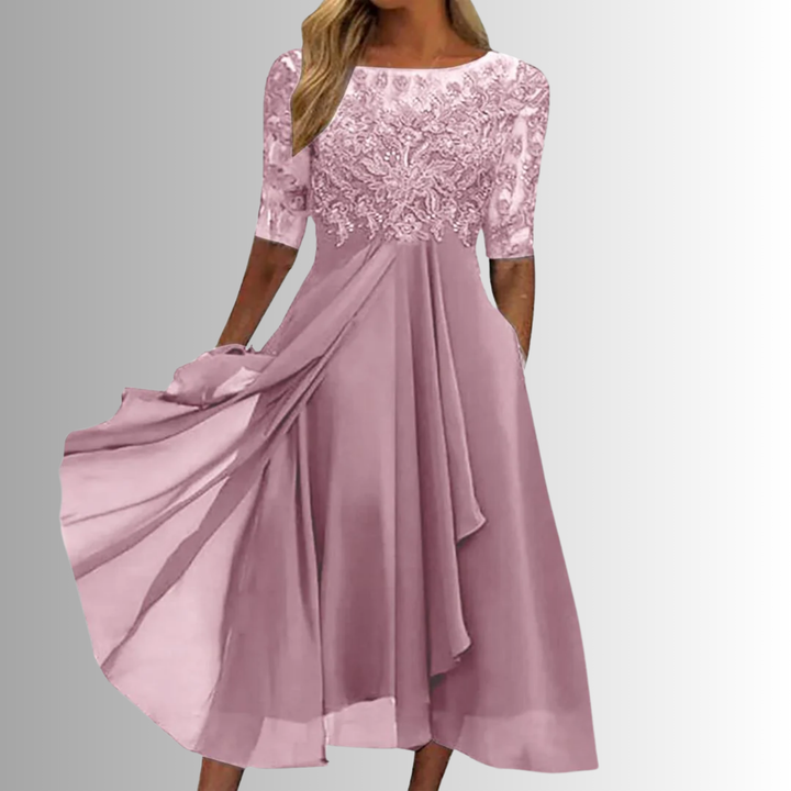 Women's Lace Top Layered Midi Dress – Tailored Fit Full Back Coverage