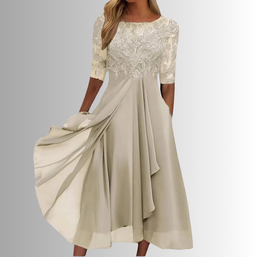 Women's Lace Top Layered Midi Dress – Tailored Fit Full Back Coverage