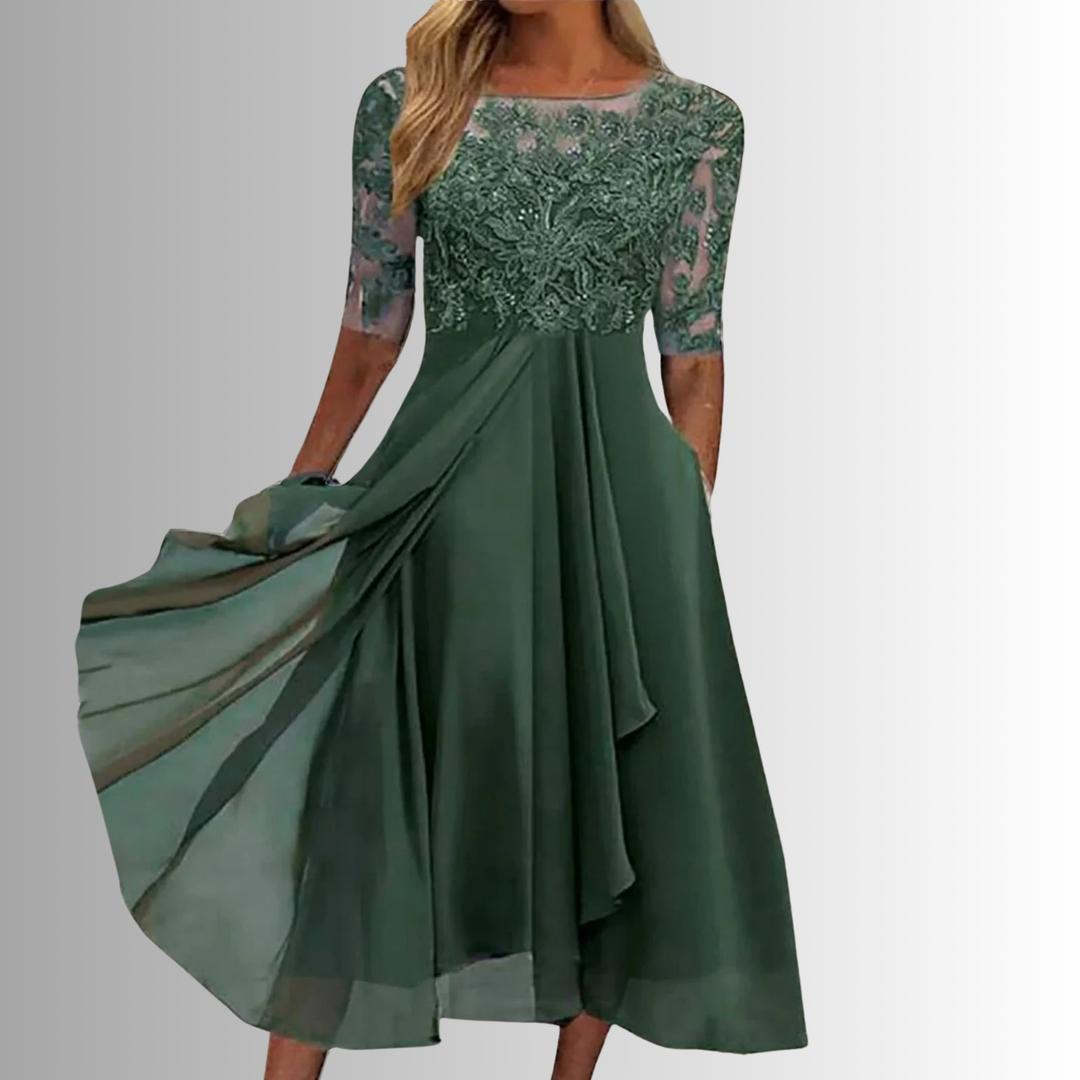Women's Lace Top Layered Midi Dress – Tailored Fit Full Back Coverage