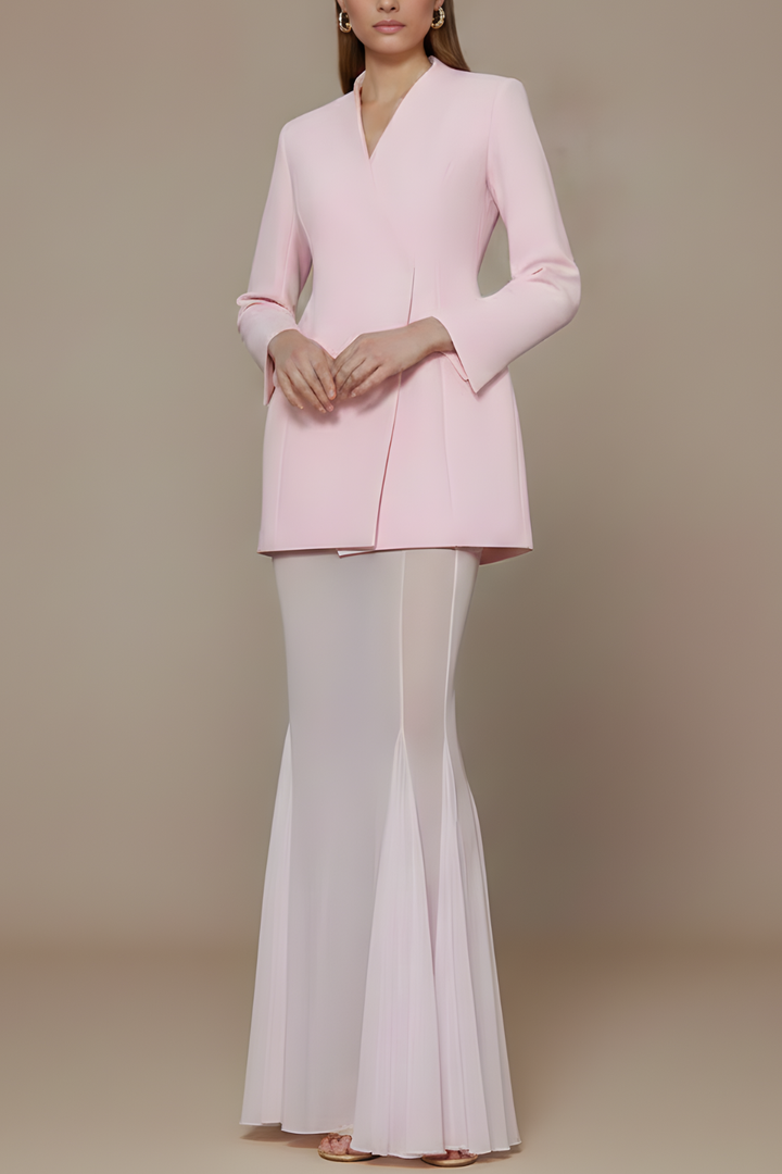 Women's Blazer Maxi Skirt Set – Belted Wrap Jacket Sheer Overlay
