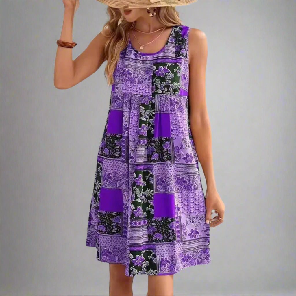 Women's Boho Patchwork Print Mini Dress – Round Neck Sleeveless Summer