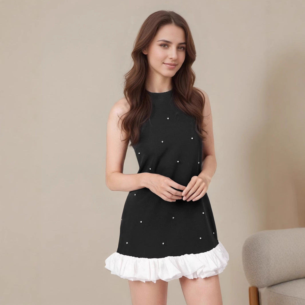 Women's Sleeveless Mini Dress – Pearl Embellished Ruffle Hem