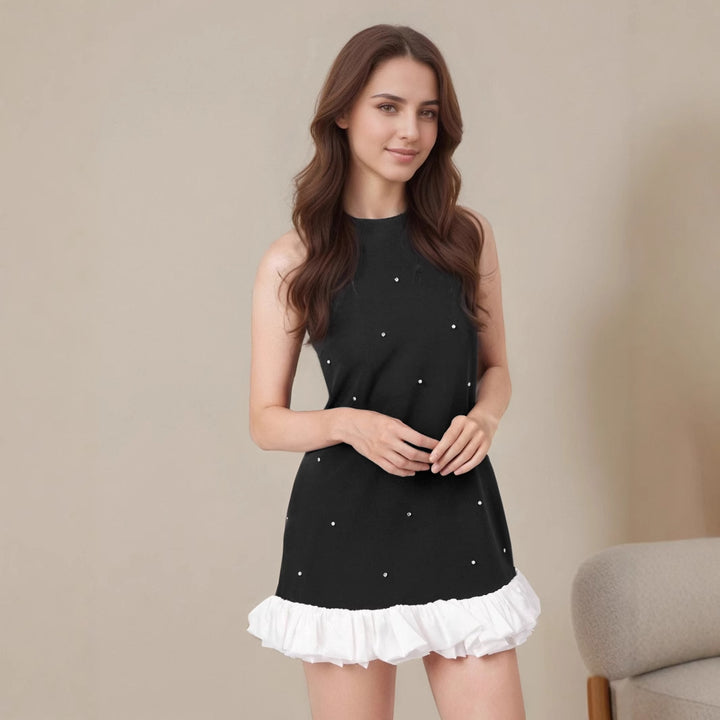 Women's Sleeveless Mini Dress – Pearl Embellished Ruffle Hem