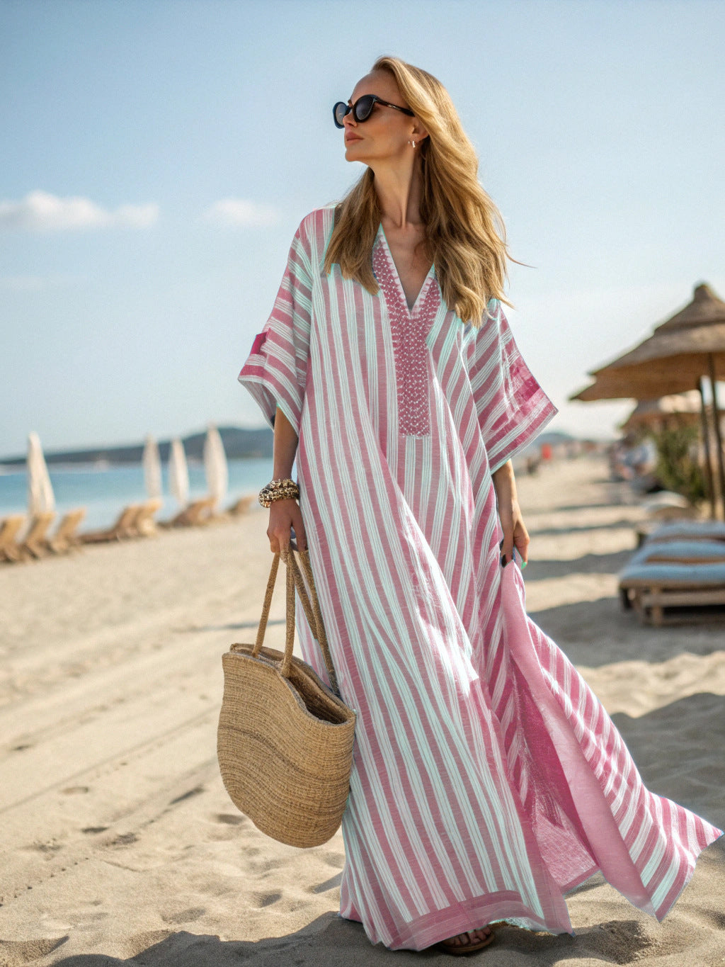 Women's Boho Maxi Dress – V-Neck Kaftan with Stripe Trim