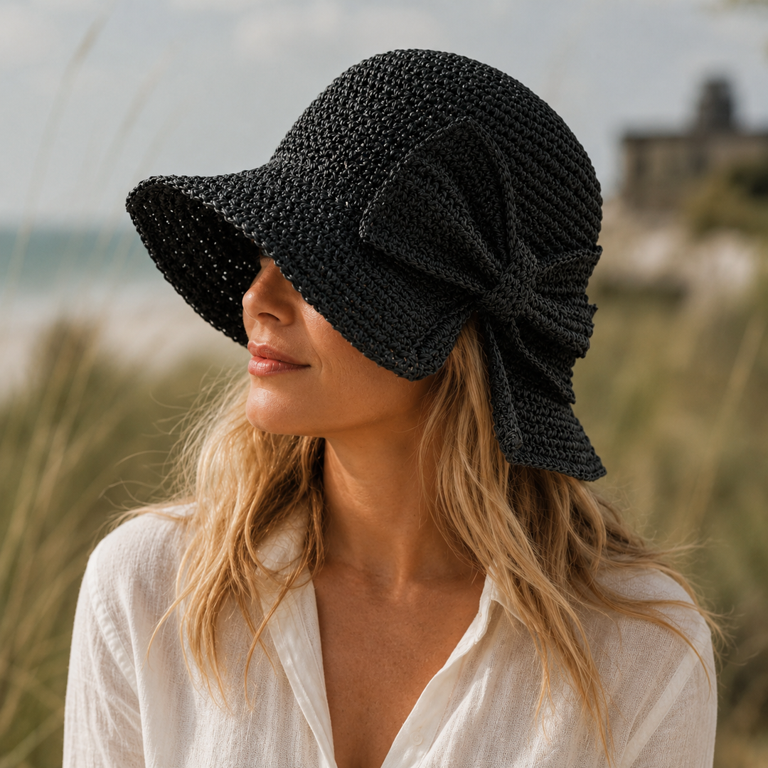 Women's Sun Hat – Woven Short Brim with Side Bow Detail