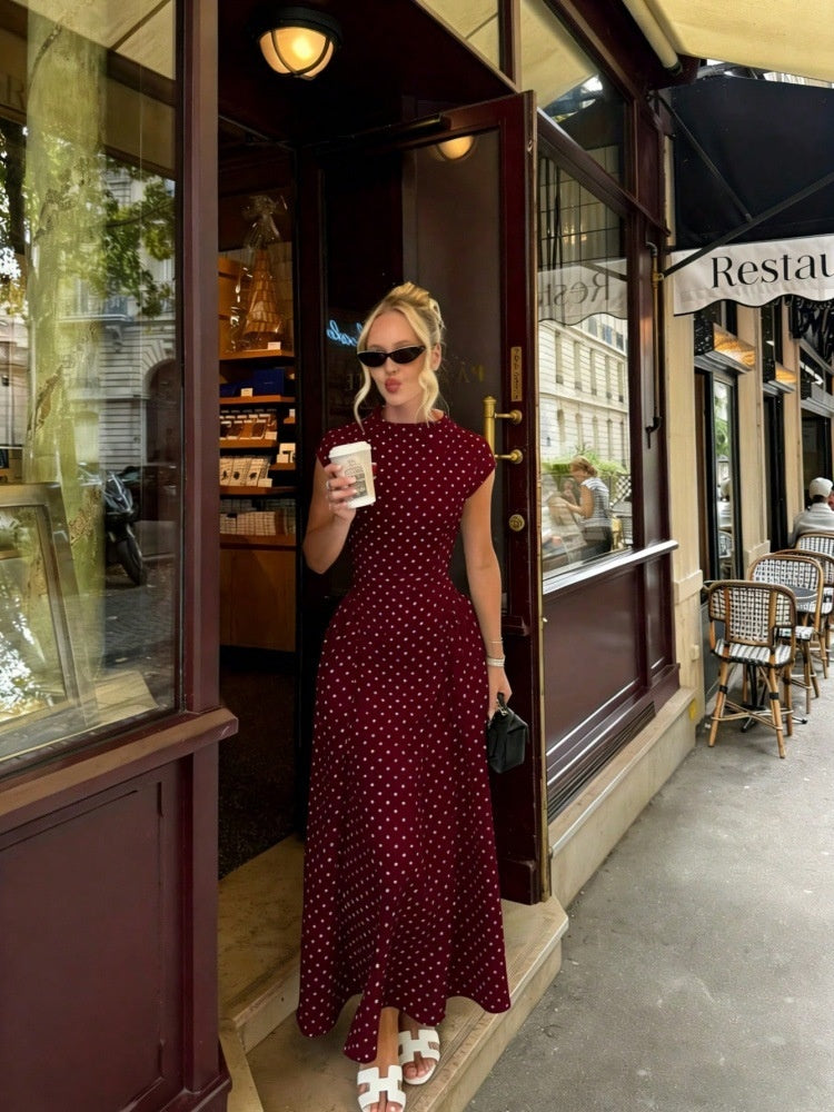 Women's Polka Dot Maxi Dress – High Neck Cap Sleeve A-Line