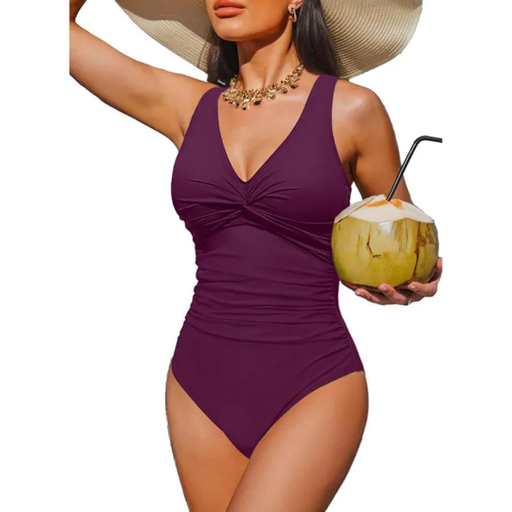 Twist-Front One-Piece Swimsuit – Ruched Waist &amp; V-Neckline
