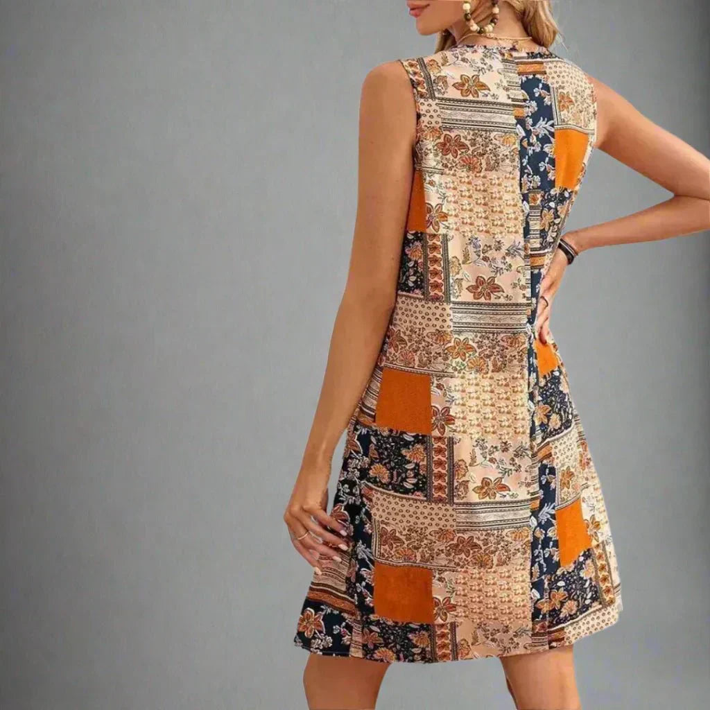 Women's Boho Patchwork Print Mini Dress – Round Neck Sleeveless Summer