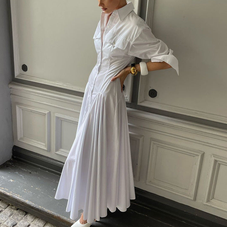 Women's Cotton Drop Waist Shirt Dress – Pleated A-Line Button-Front