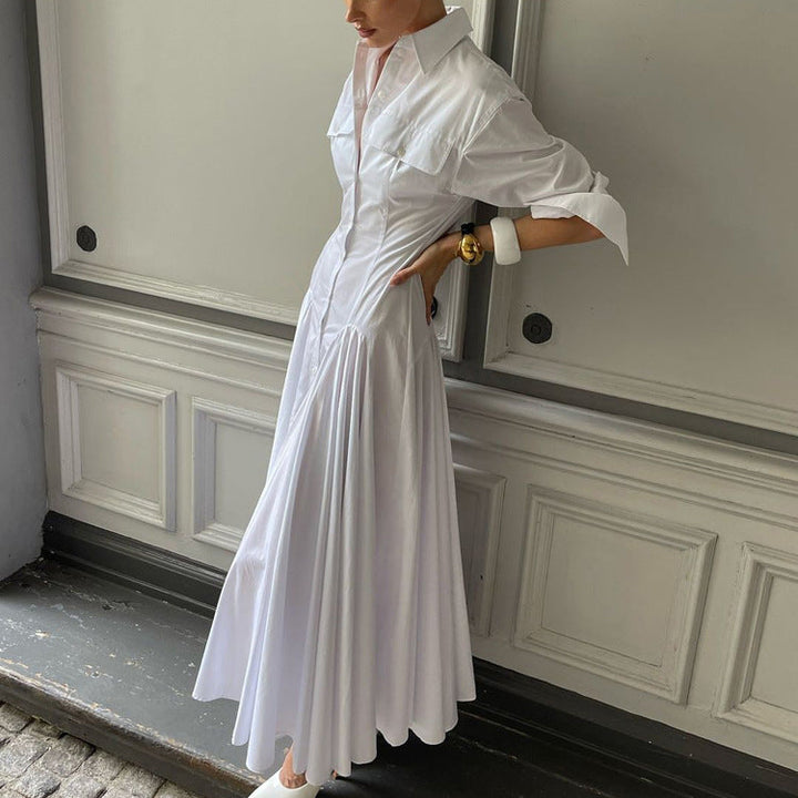 Women's Cotton Drop Waist Shirt Dress – Pleated A-Line Button-Front