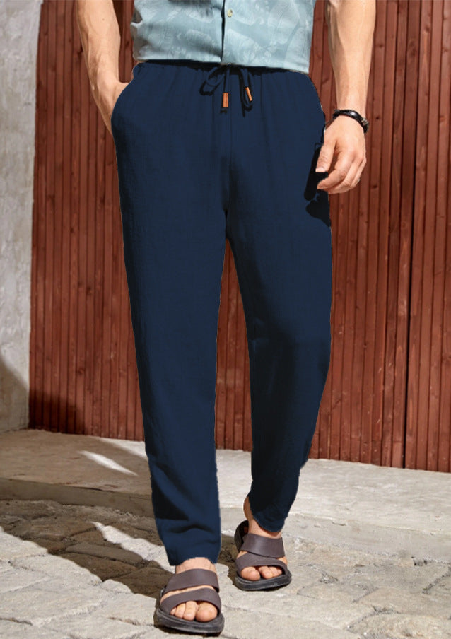 Men's Cotton Linen Drawstring Trousers – Relaxed Straight-Leg Breathable