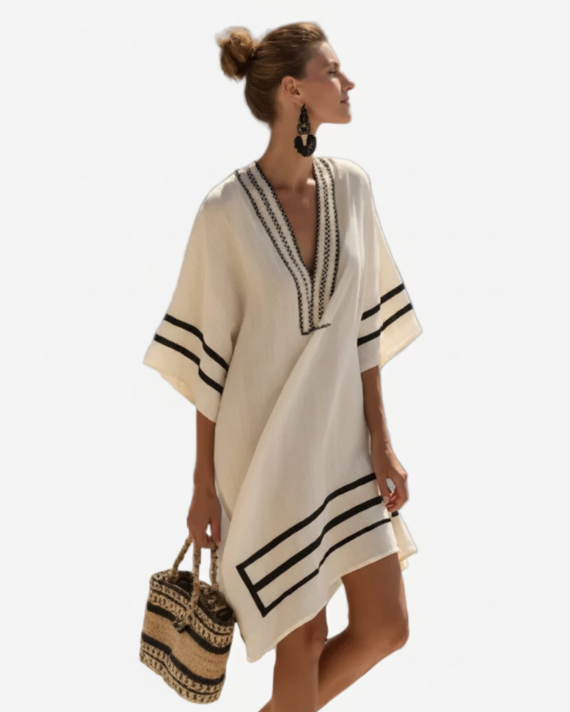 Women's Printed Kaftan Mini Dress – V-Neck Wide Sleeve