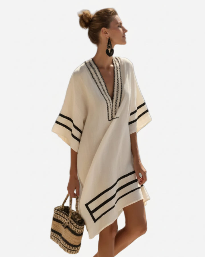 Women's Printed Kaftan Mini Dress – V-Neck Wide Sleeve
