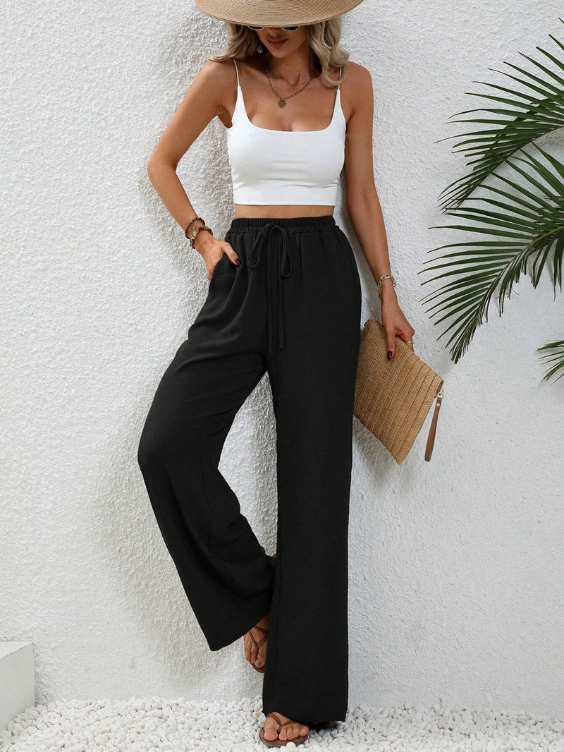 Wide-Leg Casual Pants – Relaxed Solid Colour Flowy Hem Trousers
