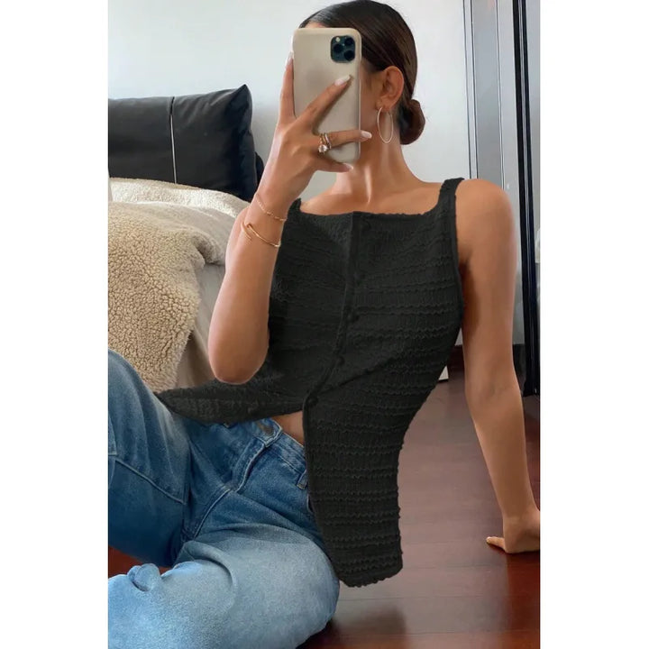 Women's Textured Sleeveless Top – Square Neck Button Front
