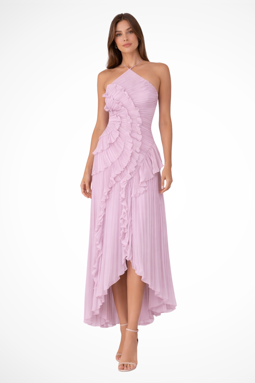 Halter Backless Ruffled Maxi Dress – Asymmetric Hem | Women