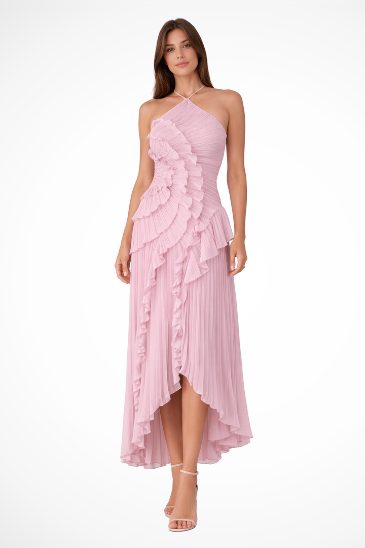 Halter Backless Ruffled Maxi Dress – Asymmetric Hem | Women