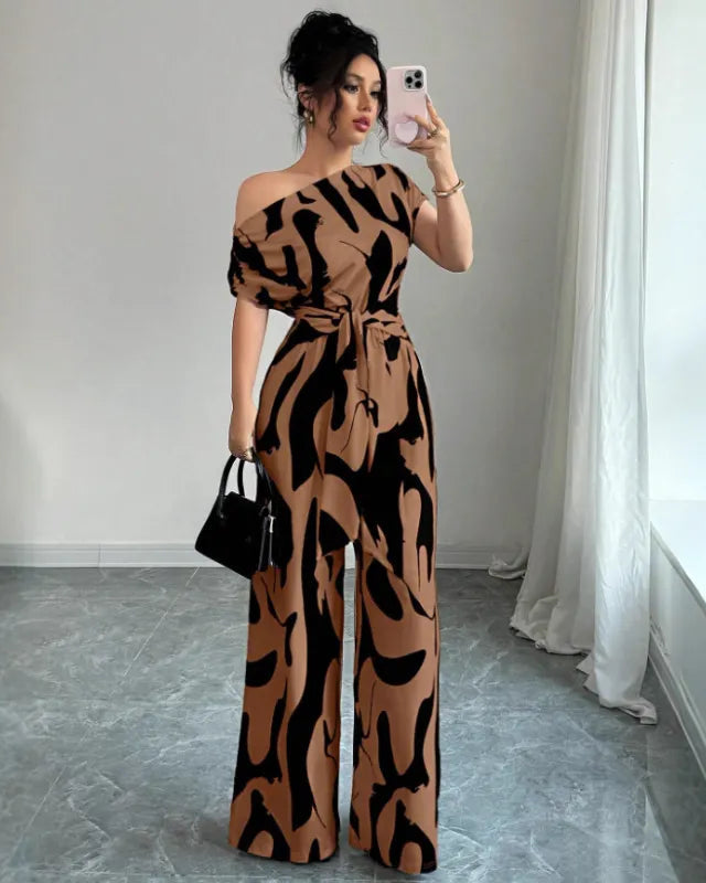 One-Shoulder Jumpsuit – Wide Leg Abstract Print for Women